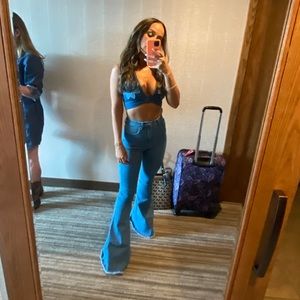 Denim flare stretch jeans with denim crop top
